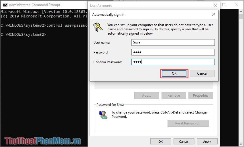 Hệ thống sẽ yêu cầu bạn nhập mật khẩu máy tính Windows 10 và nhấn OK để hoàn thành