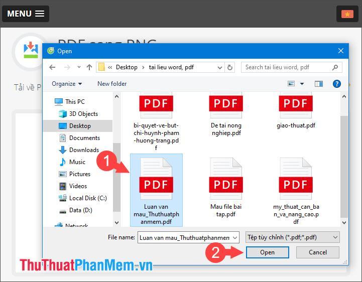 Chọn file PDF cần chuyển đổi rồi nhấn Open để upload file lên website