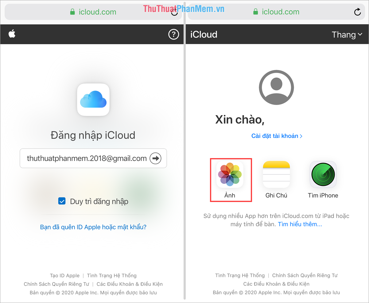 Tiến hành đăng nhập bằng tài khoản iCloud và chọn Photos