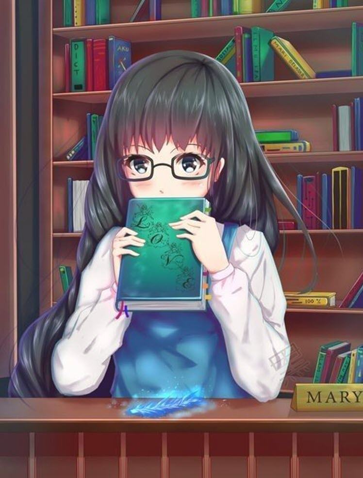 Cô gái anime đeo kính cầm sách photo