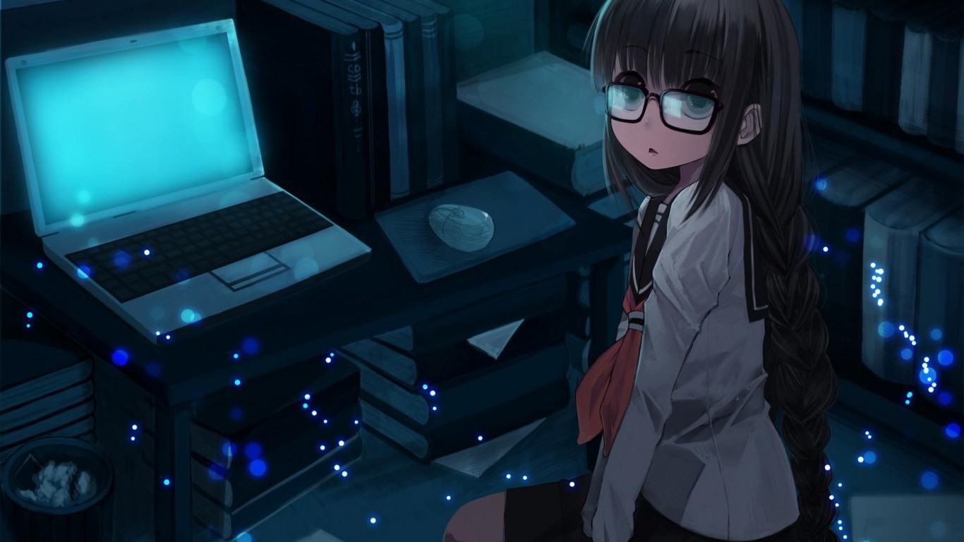 Hình ảnh anime girl đeo kính trên máy tính