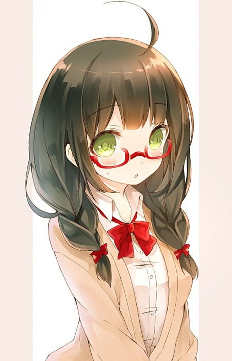 Cô gái anime với bím tóc hai bên đeo kính