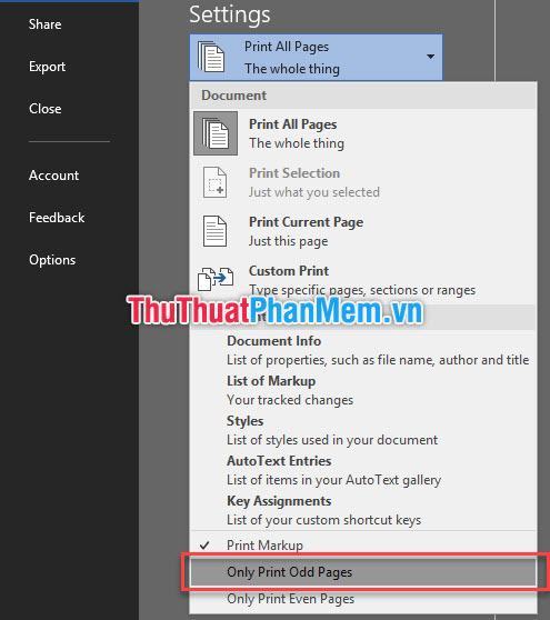 Chọn dòng Only Print Odd Pages ở gần cuối