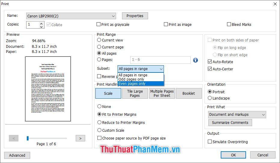 In các trang chẵn của file tài liệu, chọn Even pages only