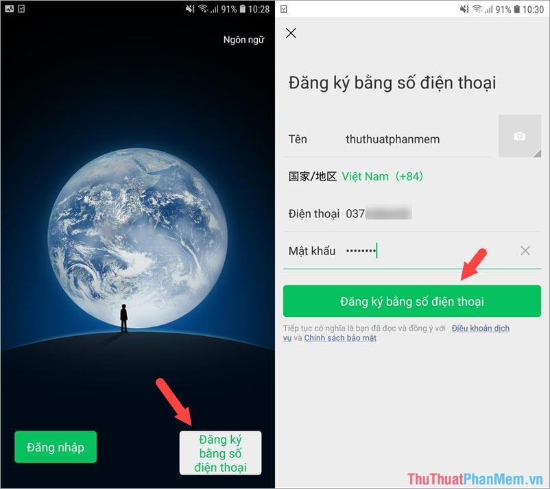 Bấm Đăng ký bằng số điện thoại, sau đó điền thông tin