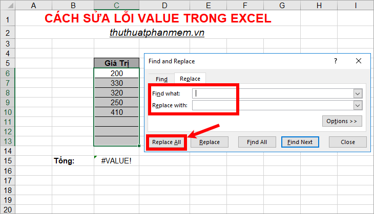 Nhập dấu cách trong ô Find what và bỏ trống ô Replace with