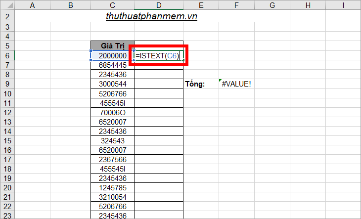 Trong ô đầu tiên của cột tạo thêm nhập công thức hàm ISTEXT