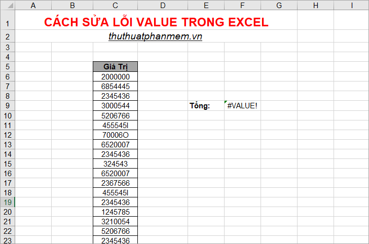 Lỗi #VALUE! khi có văn bản hay ký tự đặc biệt