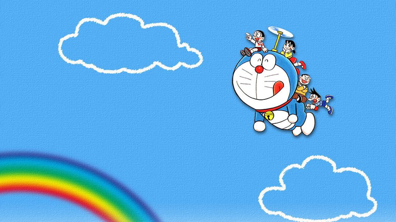 Hình ảnh doremon cưỡi mây cùng nhóm bạn