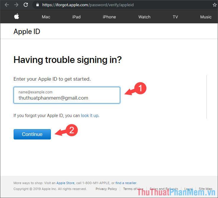 Nhập tên tài khoản Apple ID cần khôi phục và nhấn Tiếp tục