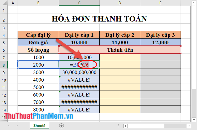 Công thức nhân đơn giá cố định tại ô C5