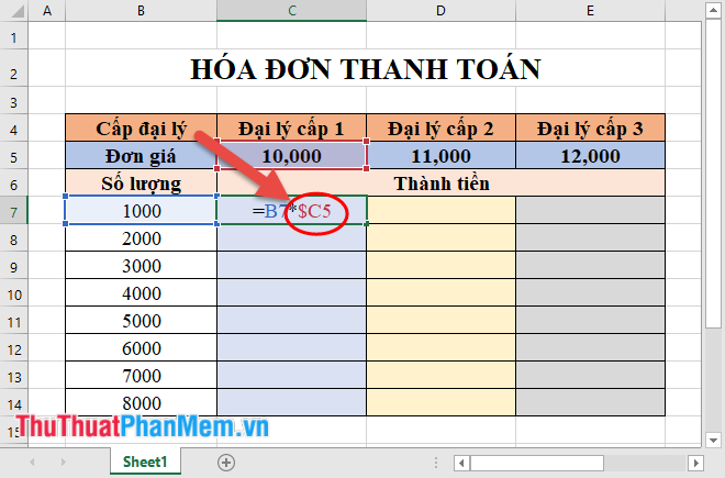 Nhấn phím F4 lần 3 ta chuyển sang cột C cố định