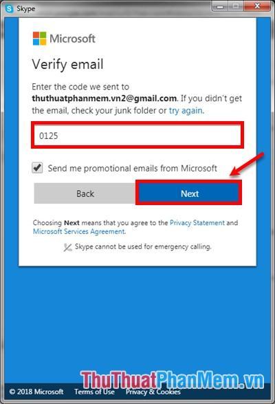 Mở email lấy mã Skype gửi và nhập vào phần Verify email