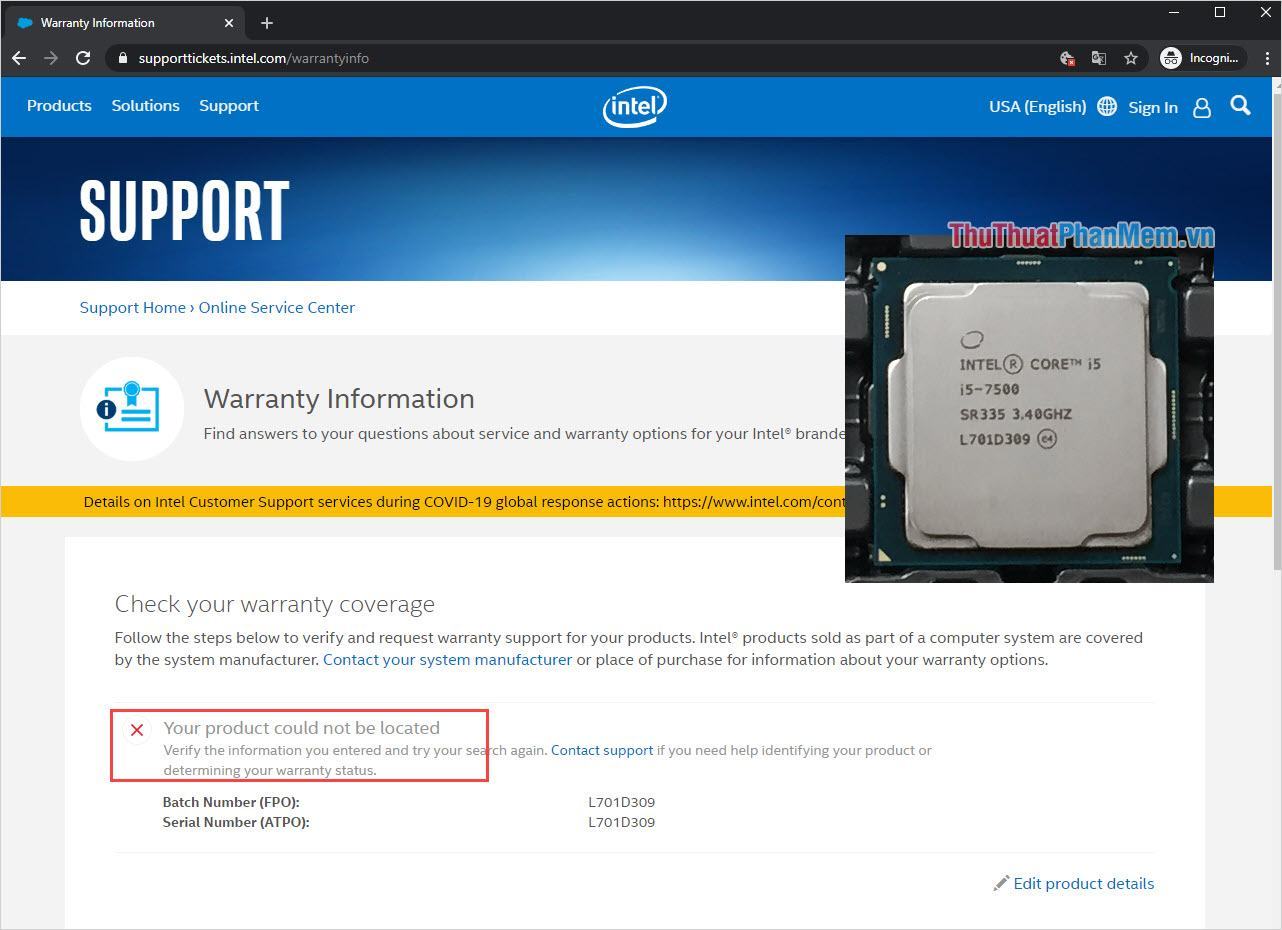 Đối với các kiểu máy có Khay CPU, Intel sẽ báo cáo rằng không có thông tin Số Sê-ri như vậy trên trang web bảo hành.