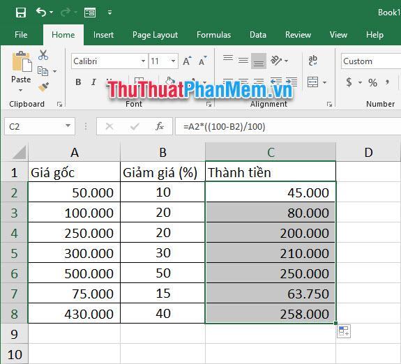 Sao chép công thức đã sử dụng xuống các dòng bên dưới để tính toàn bộ danh mục mặt hàng giảm giá