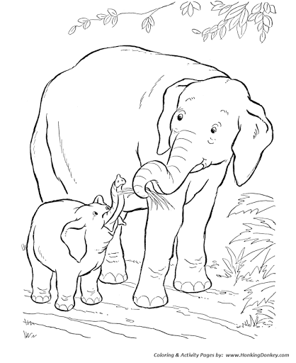 Tranh tô màu voi con chơi với voi mẹ
