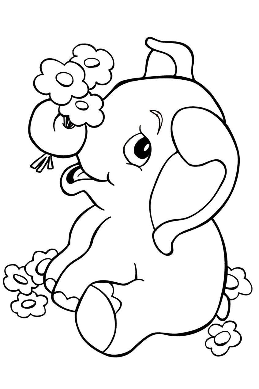 Tranh tô màu chú voi ôm bông hoa cực đẹp