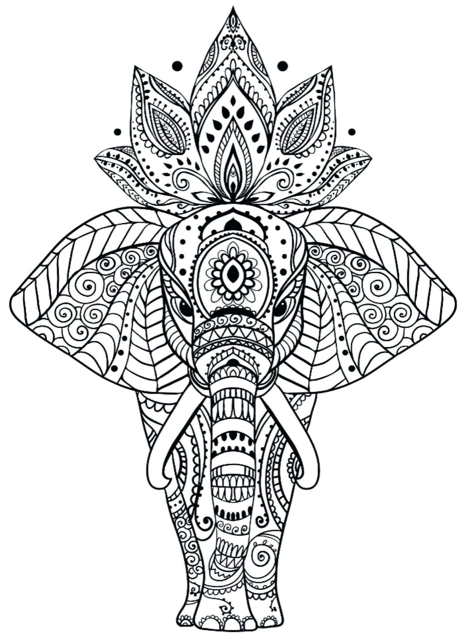 Tranh tô màu con voi có nhiều họa tiết và bông hoa nở trên đầu