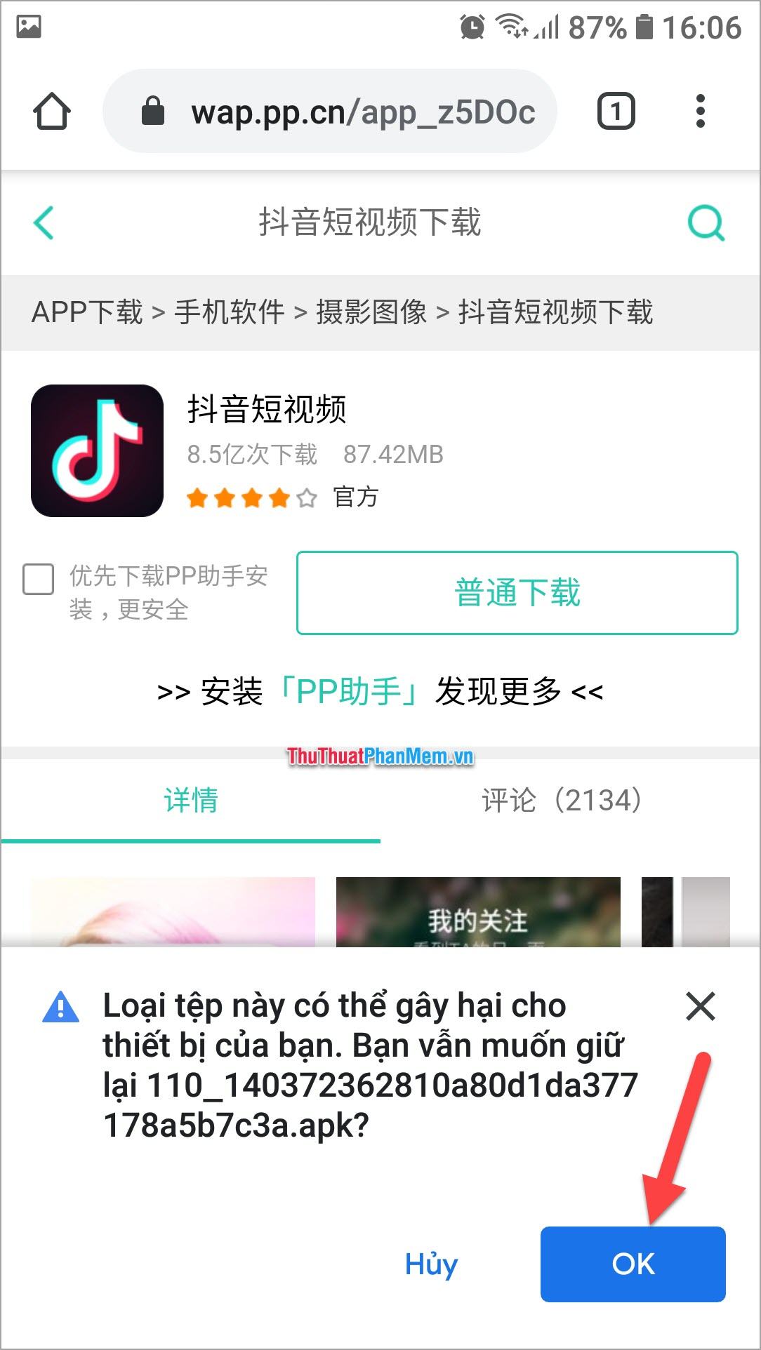 Nhấn OK để xác nhận tải apk TikTok China về máy