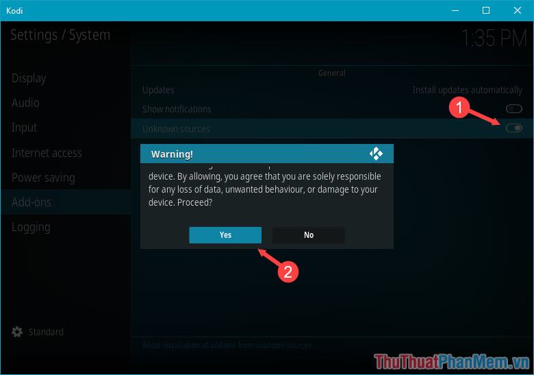 Chuyển nút Nguồn không xác định thành Bật - Khi thông báo xuất hiện, nhấn Yes