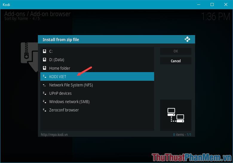 Tìm đến thư mục đã thêm trong phần Add Source (KODI VIỆT)