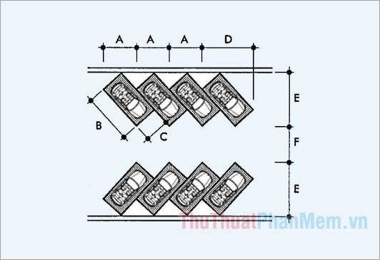 Kích thước tiêu chuẩn bãi đỗ xe chéo 45 độ