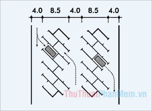 Kích thước bãi xe được bố trí các xe quay đầu nhau 45 độ