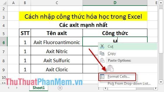 Cách nhập công thức hóa học trong Excel 3