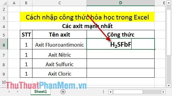 Cách nhập công thức hóa học trong Excel 8