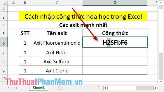 Cách nhập công thức hóa học trong Excel 10