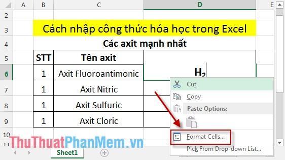 Cách nhập công thức hóa học trong Excel 6