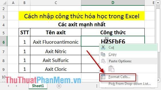 Cách nhập công thức hóa học trong Excel 11