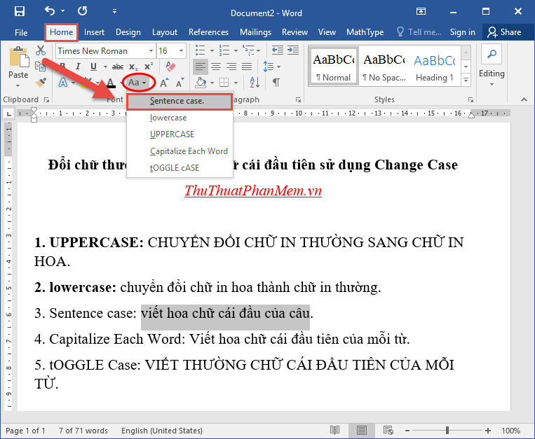 Để viết hoa chữ cái đầu tiên của câu, hãy chọn Viết hoa câu