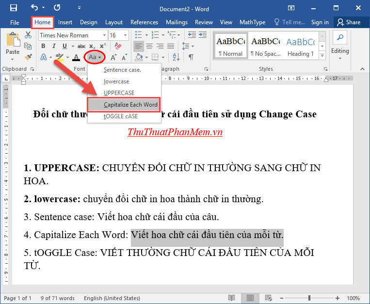 Viết hoa chữ cái đầu tiên của mỗi từ, nhấp vào Capitalize Each Word