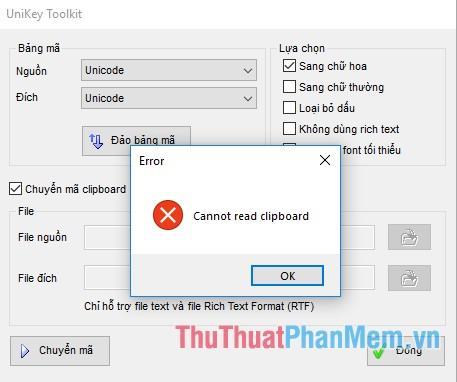 Báo lỗi văn bản cần chuyển đổi chưa được sao chép