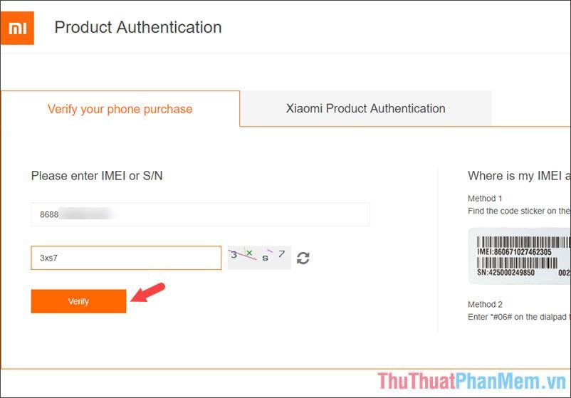 Nhập số IMEI trên máy và mã xác nhận rồi nhấn Verify