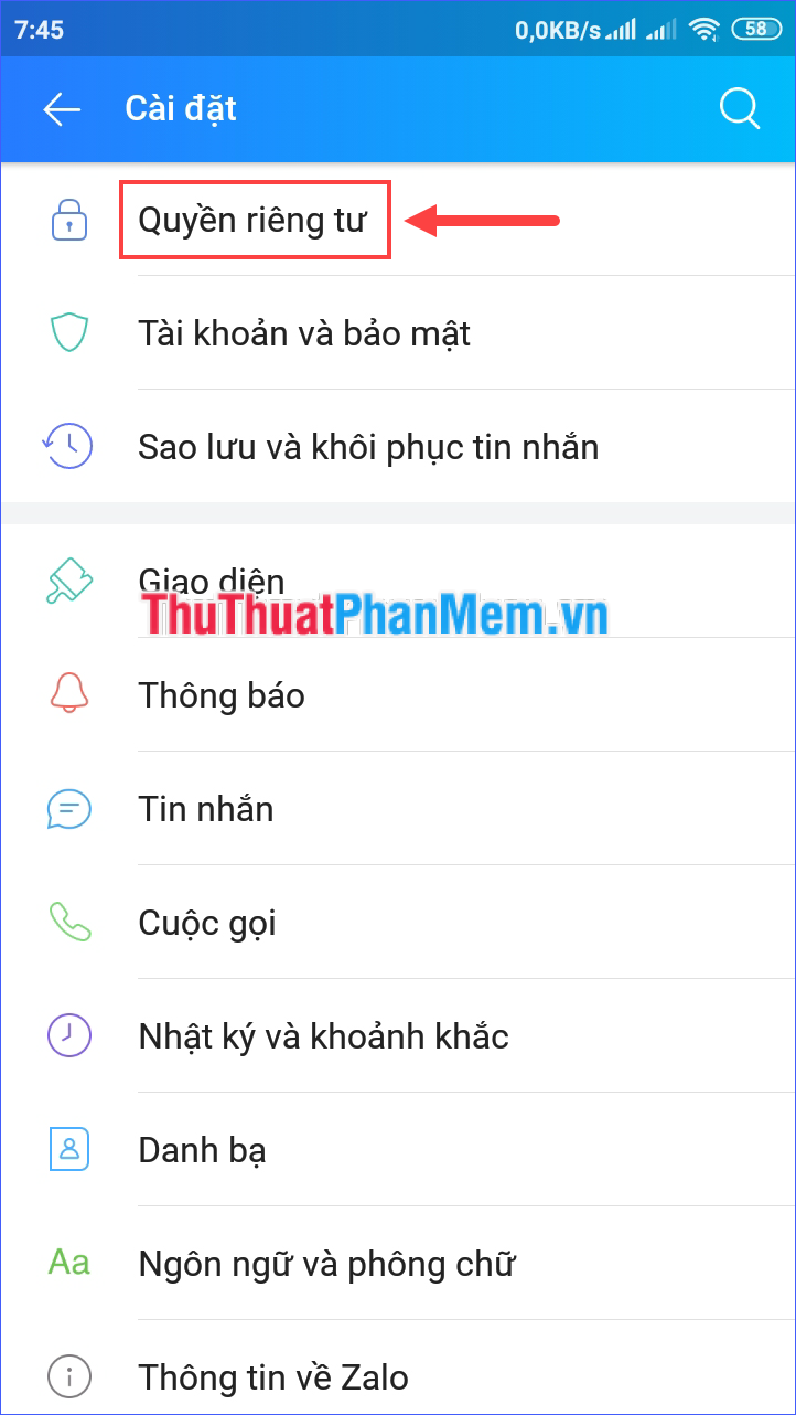 Chọn Quyền riêng tư