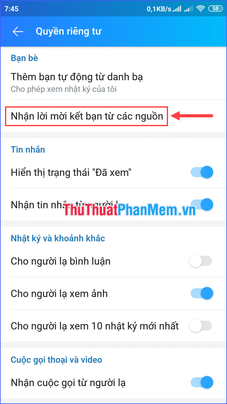 Chọn Nhận yêu cầu kết bạn từ các nguồn