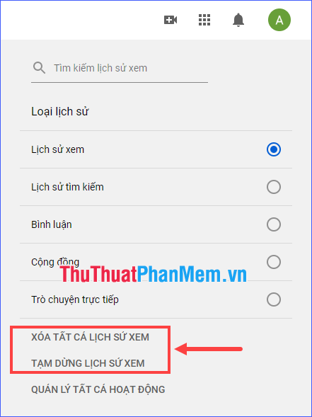 Tùy chọn Xóa tất cả lịch sử xem và Tạm dừng lịch sử xem