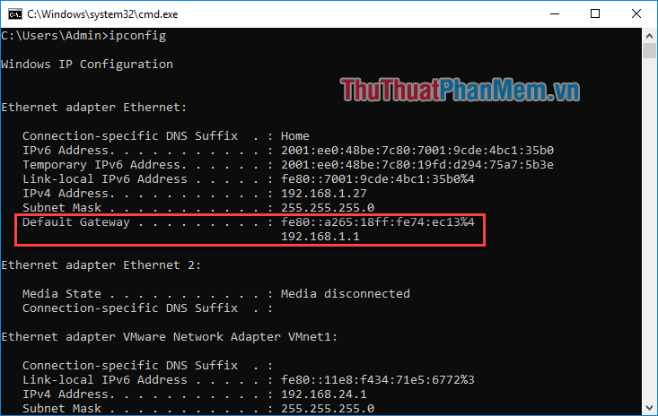 Gõ “ipconfig” rồi nhấn Enter