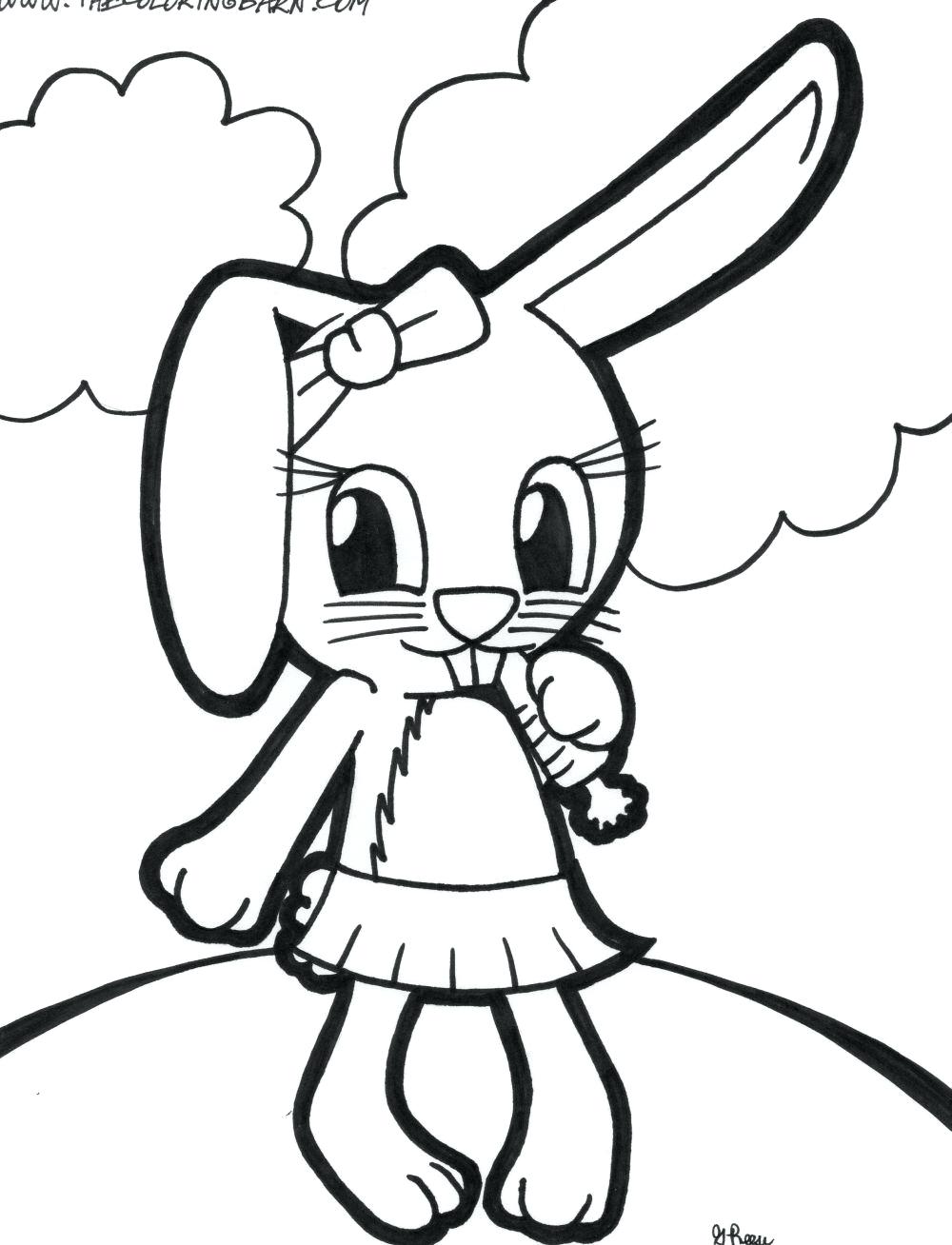 Tranh tô màu con thỏ mặc váy đang ăn củ cà rốt