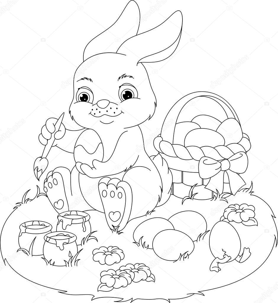 Tranh tô màu chú thỏ đang ngồi vẽ trứng phục sinh