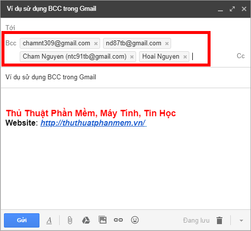 Phần người nhận chọn BCC và điền mailing list để gửi