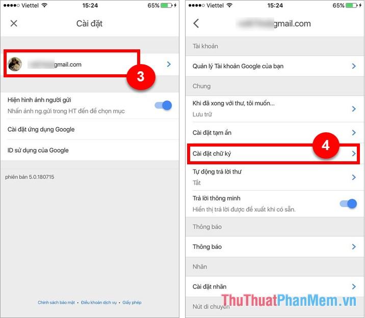 Nhấp vào tài khoản gmail của bạn rồi chọn Cài đặt chữ ký