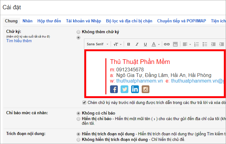 Dán vào phần tạo chữ ký trong Cài đặt của Gmail