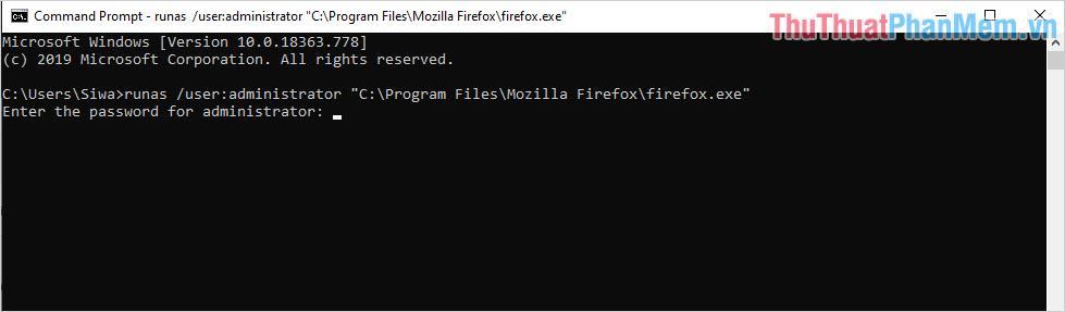 Lệnh mở Firefox bằng quyền Admin trên CMD