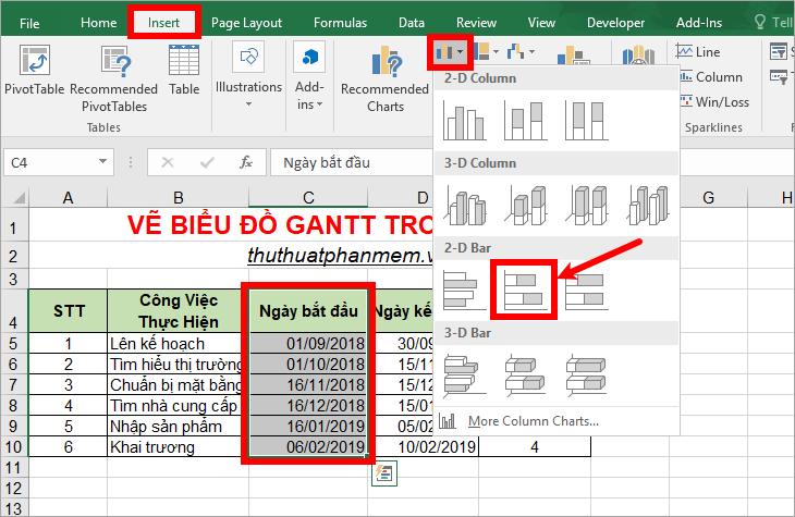 Trong phần Charts chọn biểu đồ cột và chọn biểu đồ thanh xếp chồng