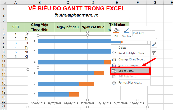 Nhấp chuột phải vào biểu đồ và chọn Select Data