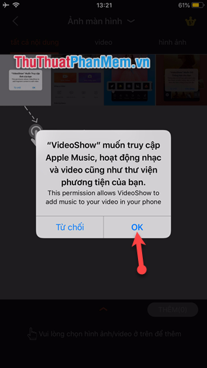 Chọn OK để cấp quyền truy cập vào Apple Music và phương tiện âm thanh