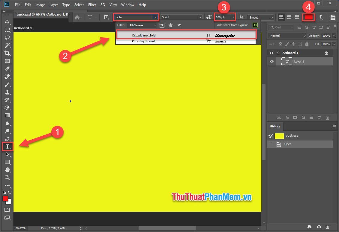 Chọn Type Tool, chọn font chữ, cỡ chữ và màu chữ